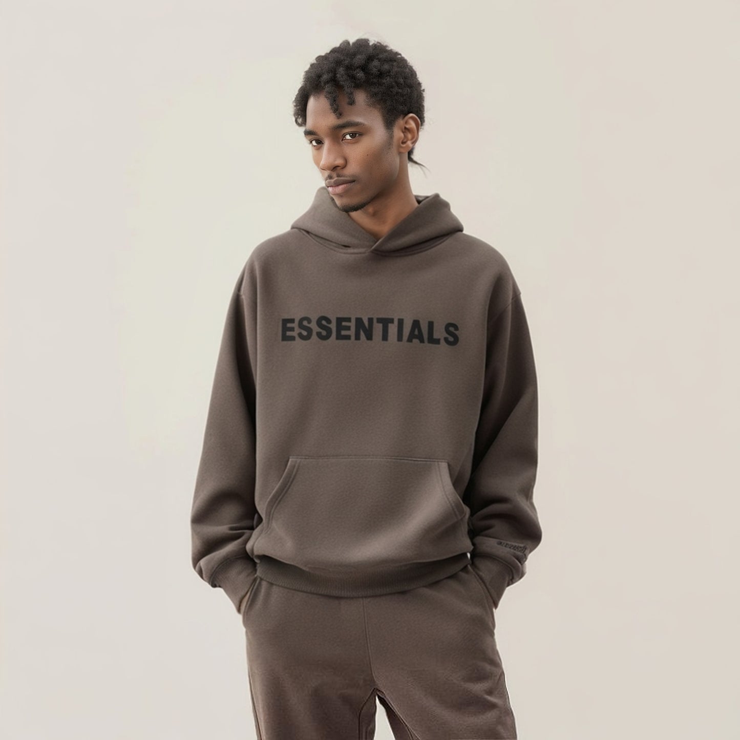 Essentials Hoodie - Tan Oversized Long-Sleeve Pullover Unisex
